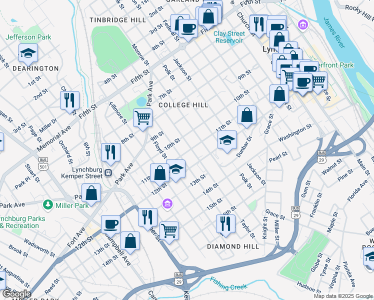 map of restaurants, bars, coffee shops, grocery stores, and more near 1011 Taylor Street in Lynchburg