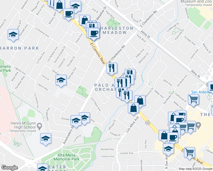 map of restaurants, bars, coffee shops, grocery stores, and more near 4218 McKellar Lane in Palo Alto