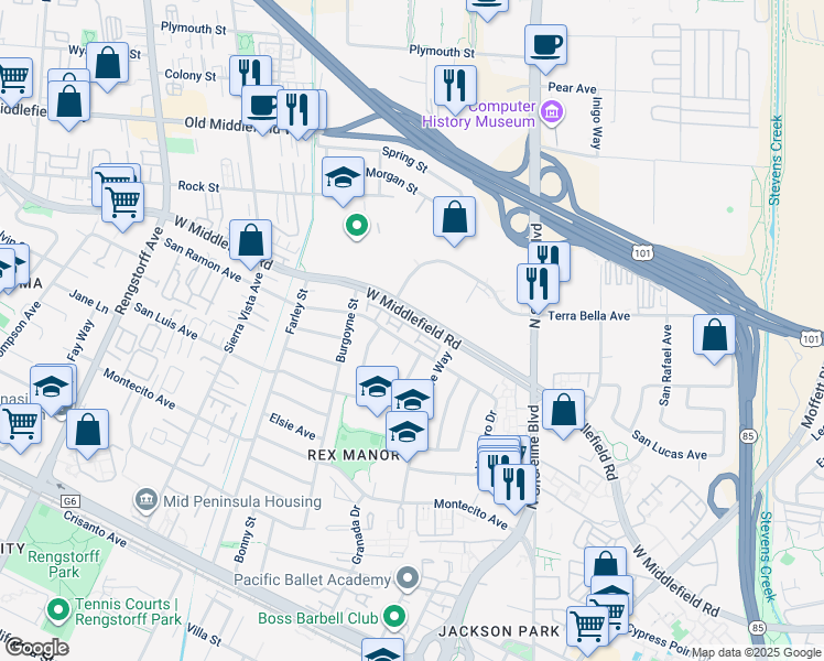 map of restaurants, bars, coffee shops, grocery stores, and more near 1555 West Middlefield Road in Mountain View