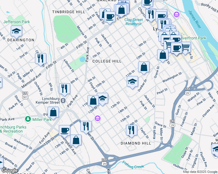 map of restaurants, bars, coffee shops, grocery stores, and more near 1011 Taylor Street in Lynchburg