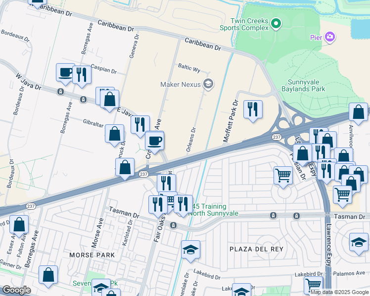 map of restaurants, bars, coffee shops, grocery stores, and more near 1277 Orleans Drive in Sunnyvale