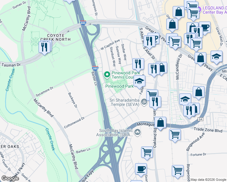 map of restaurants, bars, coffee shops, grocery stores, and more near in Milpitas