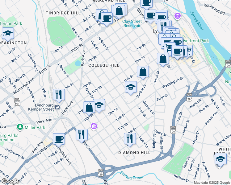 map of restaurants, bars, coffee shops, grocery stores, and more near 1109 Monroe Street in Lynchburg