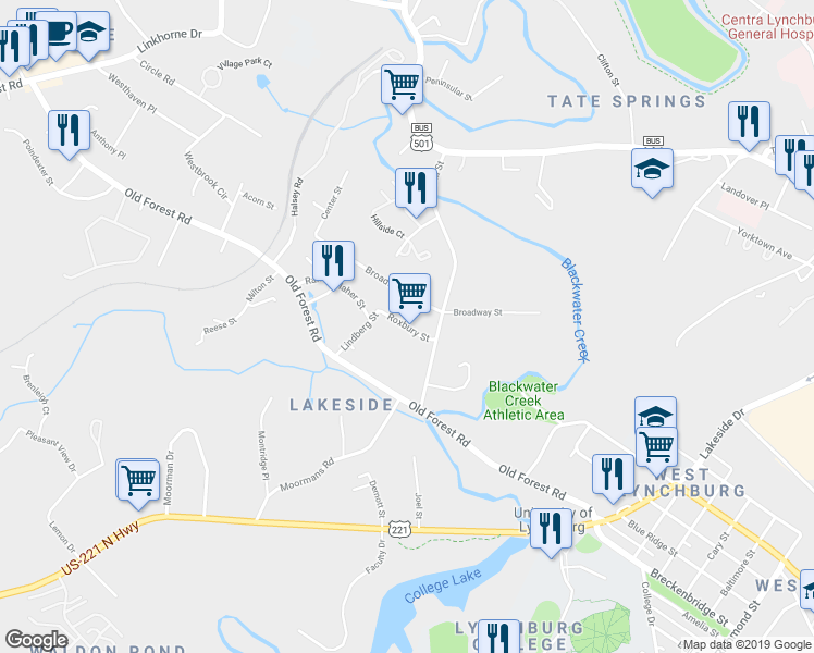 map of restaurants, bars, coffee shops, grocery stores, and more near 1916 Roxbury Street in Lynchburg
