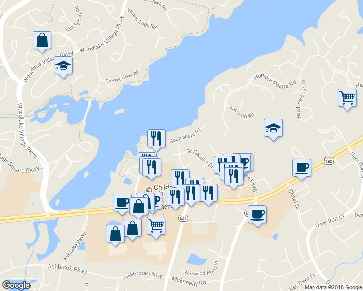 map of restaurants, bars, coffee shops, grocery stores, and more near 6507 Southshore Drive in Midlothian