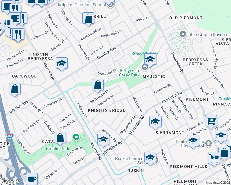 map of restaurants, bars, coffee shops, grocery stores, and more near 3153 Balmoral Drive in San Jose