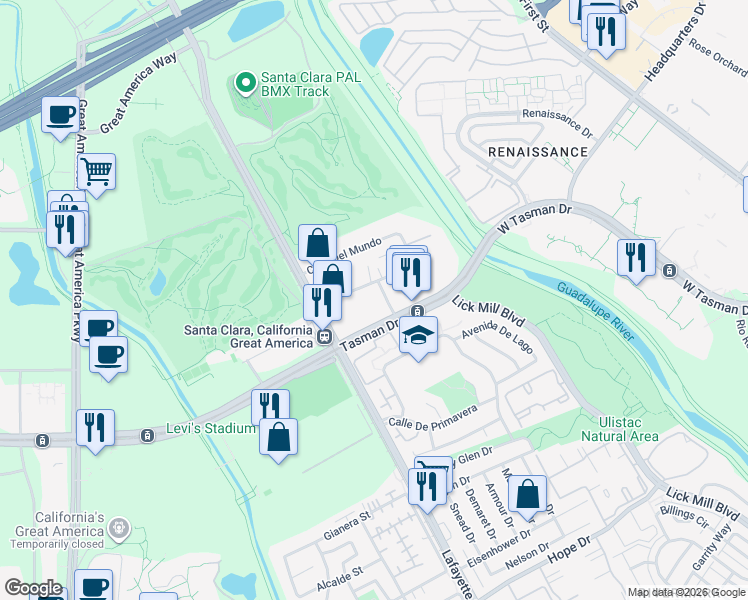 map of restaurants, bars, coffee shops, grocery stores, and more near 5128 Calle Del Sol in Santa Clara