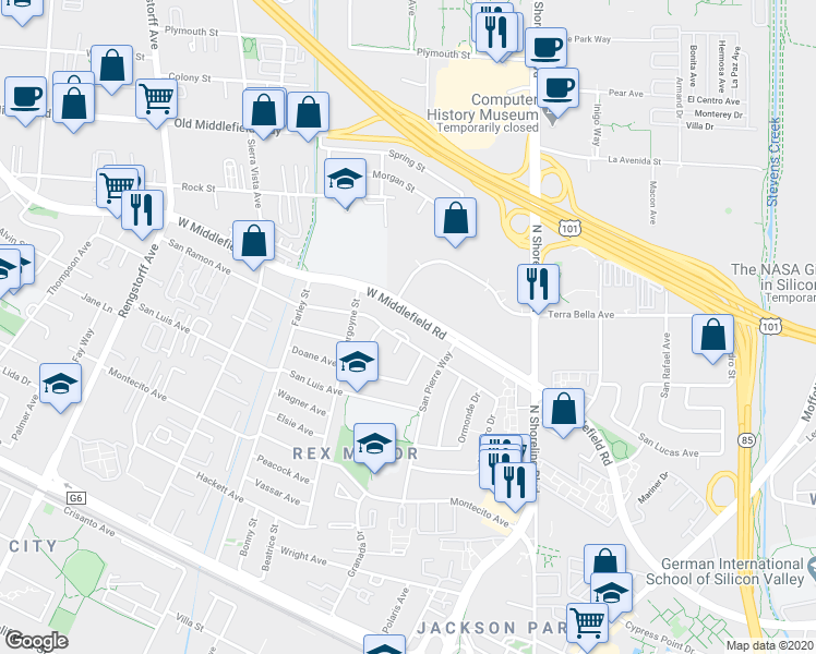 map of restaurants, bars, coffee shops, grocery stores, and more near 73 West Middlefield Road in Mountain View