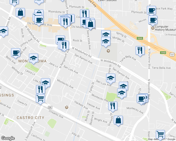 map of restaurants, bars, coffee shops, grocery stores, and more near 465 Sierra Vista Avenue in Mountain View