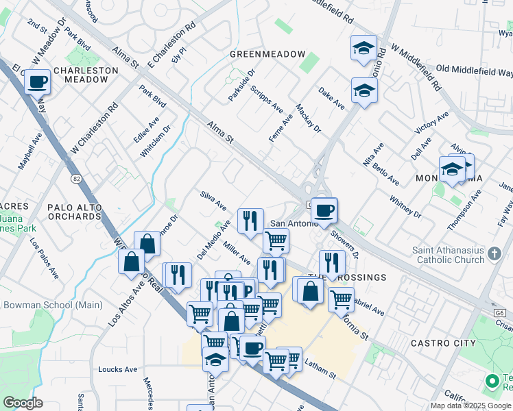 map of restaurants, bars, coffee shops, grocery stores, and more near 181 Del Medio Avenue in Mountain View