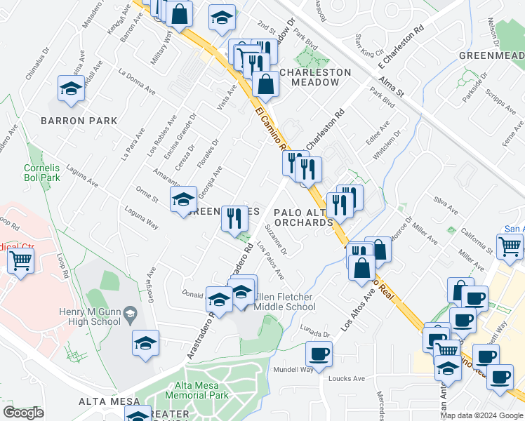 map of restaurants, bars, coffee shops, grocery stores, and more near 574 Arastradero Road in Palo Alto