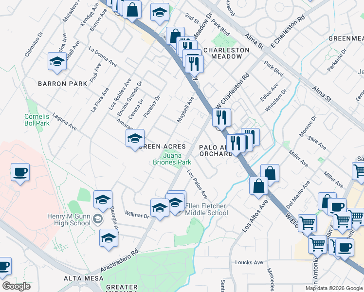 map of restaurants, bars, coffee shops, grocery stores, and more near 574 Arastradero Road in Palo Alto