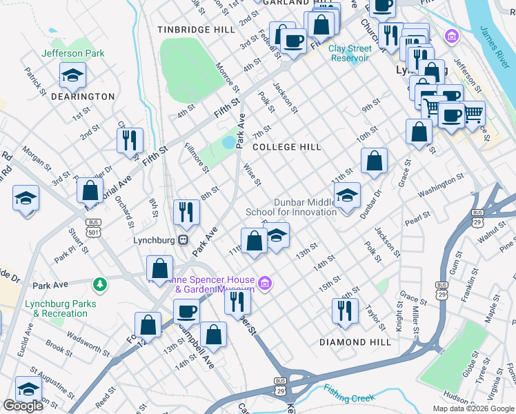 map of restaurants, bars, coffee shops, grocery stores, and more near 1301 10th Street in Lynchburg