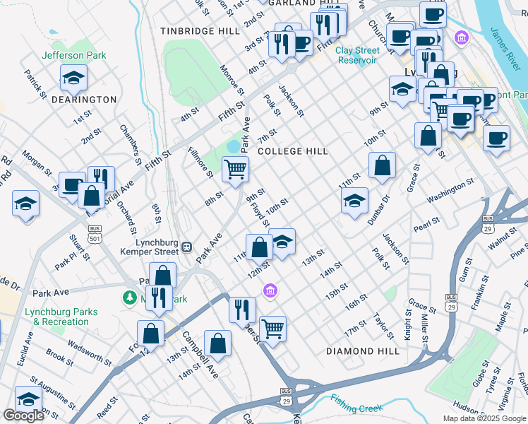 map of restaurants, bars, coffee shops, grocery stores, and more near 1301 10th Street in Lynchburg