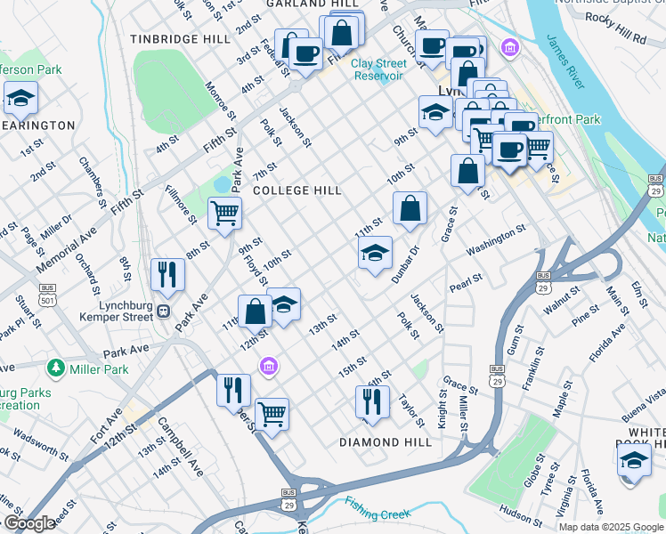map of restaurants, bars, coffee shops, grocery stores, and more near 1109 Monroe Street in Lynchburg