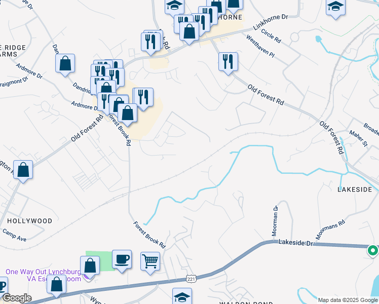 map of restaurants, bars, coffee shops, grocery stores, and more near 106 Adams Drive in Lynchburg