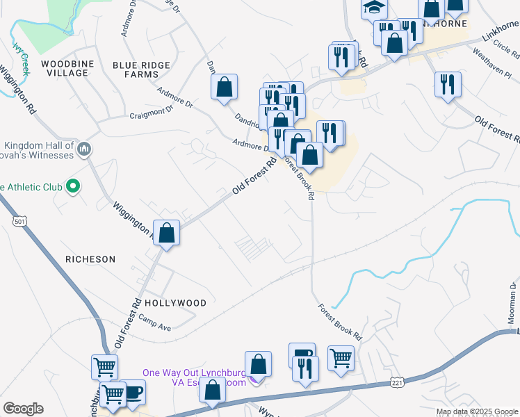 map of restaurants, bars, coffee shops, grocery stores, and more near 3315 Old Forest Road in Lynchburg