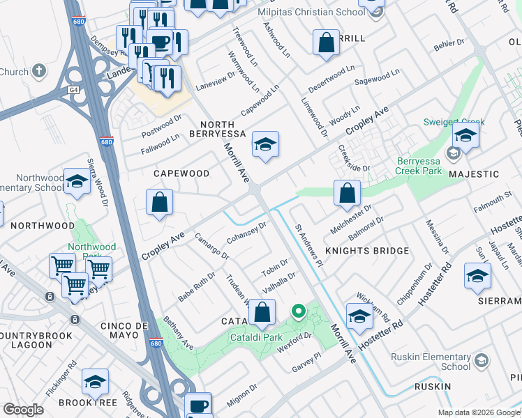 map of restaurants, bars, coffee shops, grocery stores, and more near 3068 Cropley Avenue in San Jose