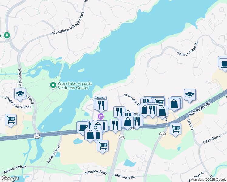 map of restaurants, bars, coffee shops, grocery stores, and more near 14111 Southshore Road in Midlothian