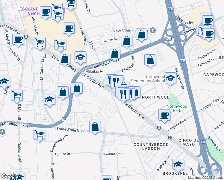 map of restaurants, bars, coffee shops, grocery stores, and more near 765 E Capitol Ave in Milpitas