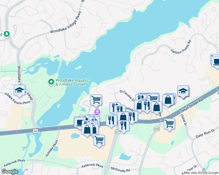 map of restaurants, bars, coffee shops, grocery stores, and more near 14111 Southshore Road in Midlothian