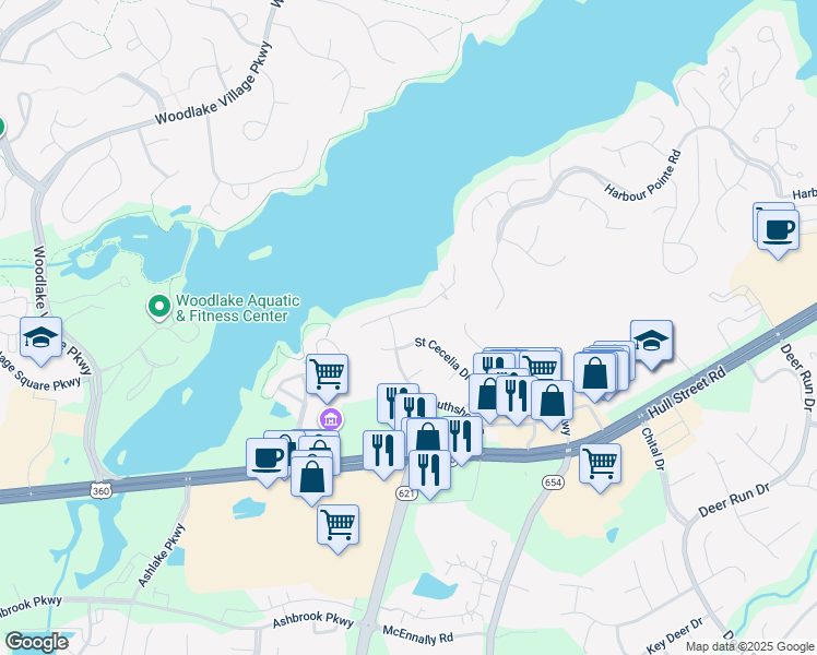 map of restaurants, bars, coffee shops, grocery stores, and more near 6507 Southshore Drive in Midlothian