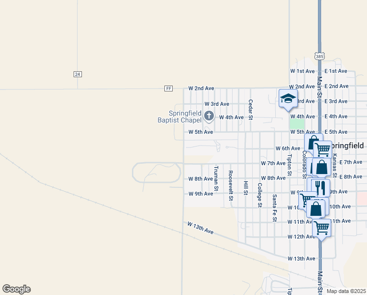 map of restaurants, bars, coffee shops, grocery stores, and more near 28678 County Road 24.6 in Springfield
