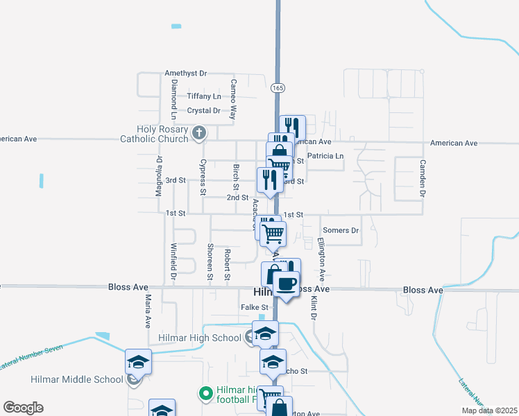 map of restaurants, bars, coffee shops, grocery stores, and more near 20035 2nd Street in Hilmar