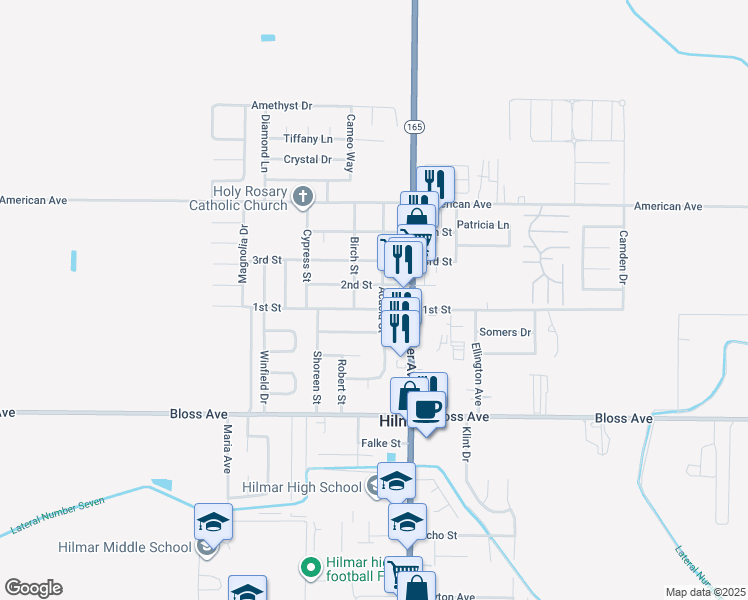 map of restaurants, bars, coffee shops, grocery stores, and more near 20099 2nd Street in Hilmar