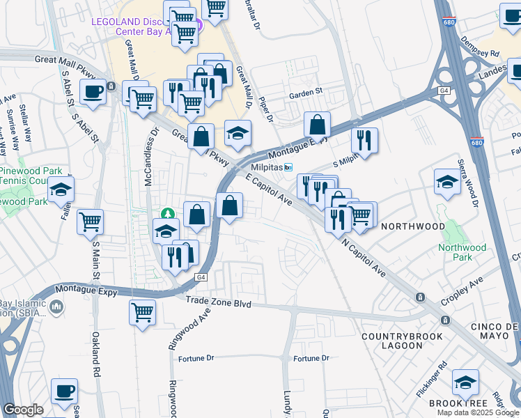 map of restaurants, bars, coffee shops, grocery stores, and more near 1685 Delano Street in Milpitas