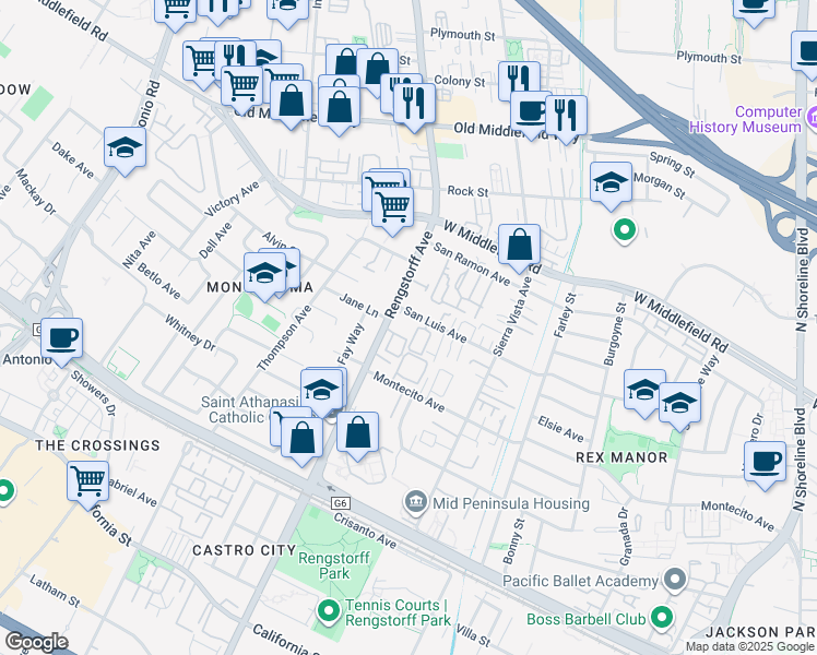 map of restaurants, bars, coffee shops, grocery stores, and more near 363 North Rengstorff Avenue in Mountain View