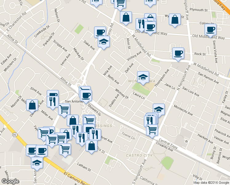 map of restaurants, bars, coffee shops, grocery stores, and more near 2482a Whitney Drive in Mountain View