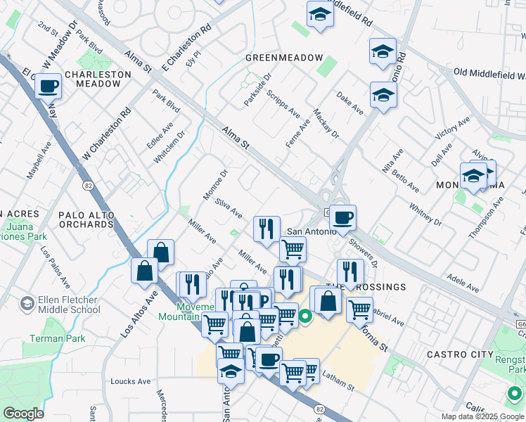 map of restaurants, bars, coffee shops, grocery stores, and more near 181 Del Medio Avenue in Mountain View