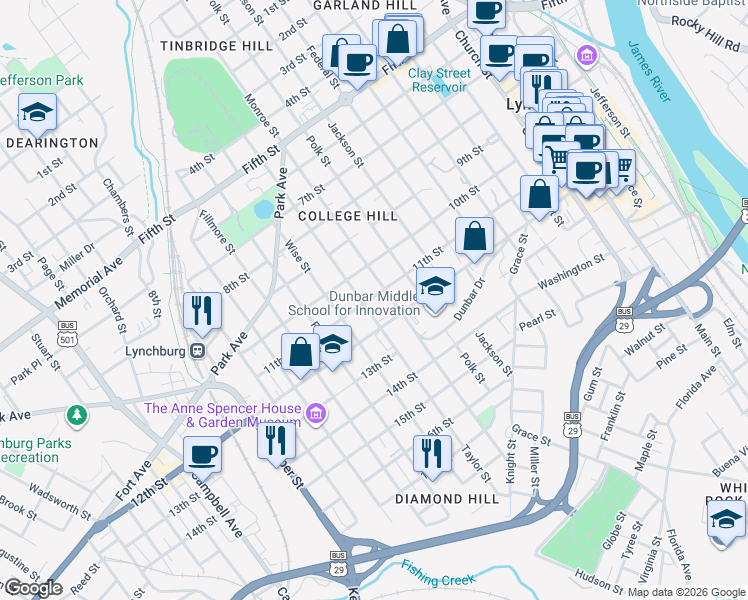 map of restaurants, bars, coffee shops, grocery stores, and more near 1103 Monroe St in Lynchburg