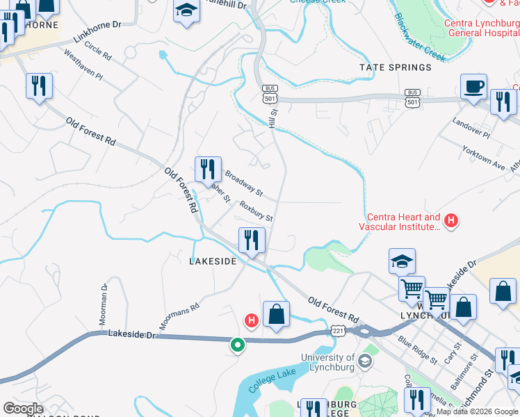 map of restaurants, bars, coffee shops, grocery stores, and more near 1905 Broadway Street in Lynchburg