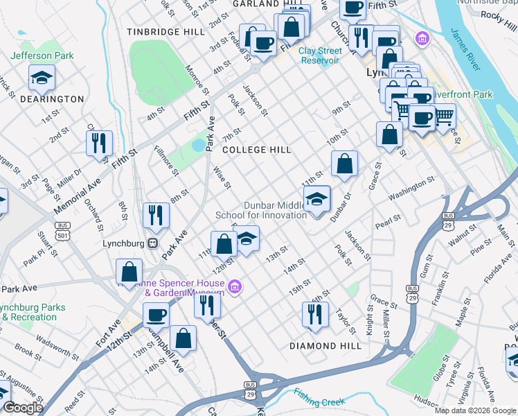 map of restaurants, bars, coffee shops, grocery stores, and more near 1011 Taylor Street in Lynchburg