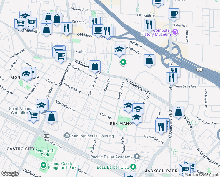 map of restaurants, bars, coffee shops, grocery stores, and more near 1892 Drew Avenue in Mountain View