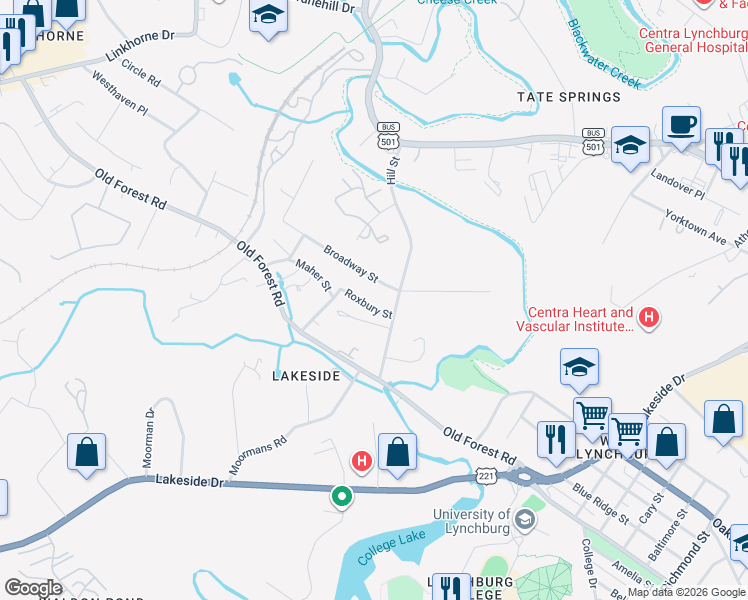 map of restaurants, bars, coffee shops, grocery stores, and more near 1905 Broadway Street in Lynchburg