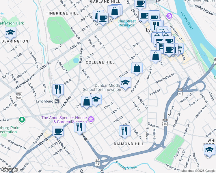 map of restaurants, bars, coffee shops, grocery stores, and more near 1103 Monroe St in Lynchburg