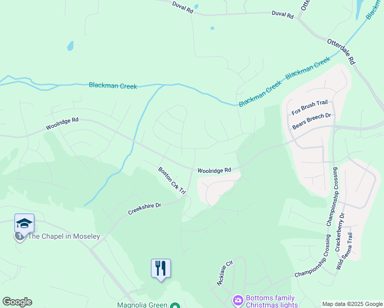 map of restaurants, bars, coffee shops, grocery stores, and more near 6506 Falls Creek Trail in Moseley