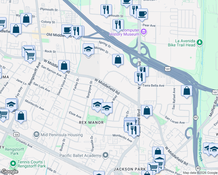 map of restaurants, bars, coffee shops, grocery stores, and more near 1340 West Middlefield Road in Mountain View