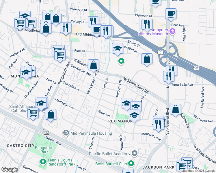 map of restaurants, bars, coffee shops, grocery stores, and more near 1892 Drew Avenue in Mountain View