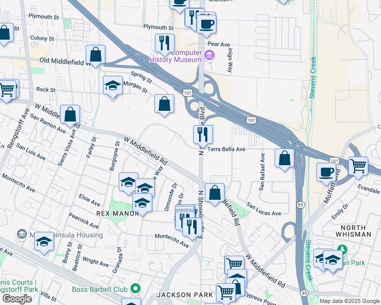 map of restaurants, bars, coffee shops, grocery stores, and more near 1215 Terra Bella Avenue in Mountain View
