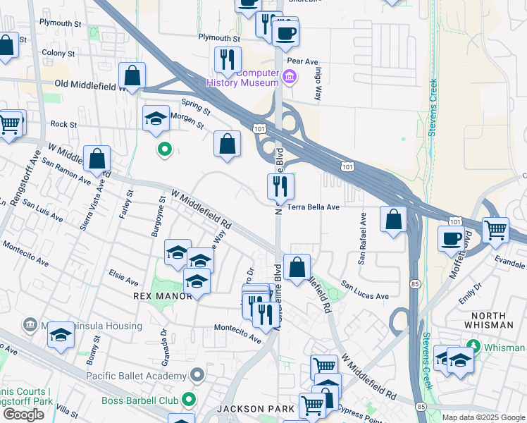 map of restaurants, bars, coffee shops, grocery stores, and more near 1215 Terra Bella Avenue in Mountain View