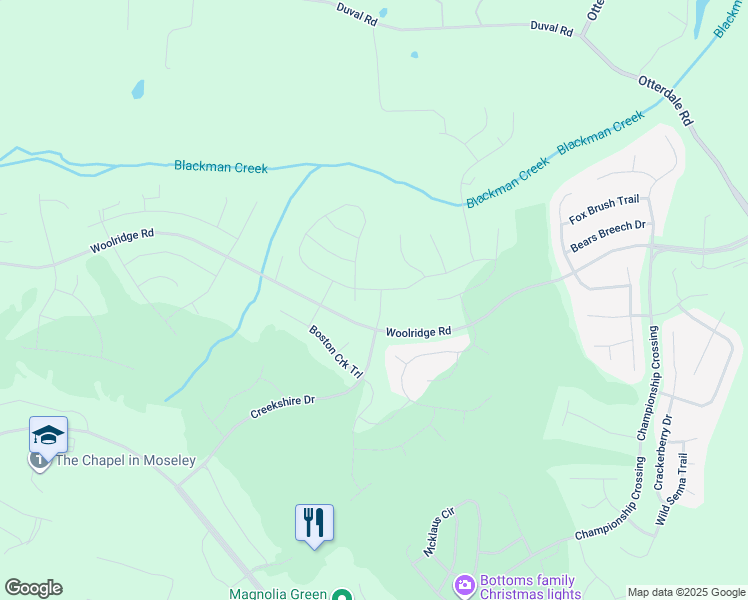map of restaurants, bars, coffee shops, grocery stores, and more near 6506 Falls Creek Trail in Moseley