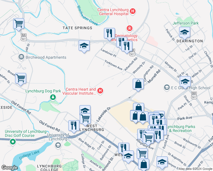 map of restaurants, bars, coffee shops, grocery stores, and more near 2406 Atherholt Road in Lynchburg