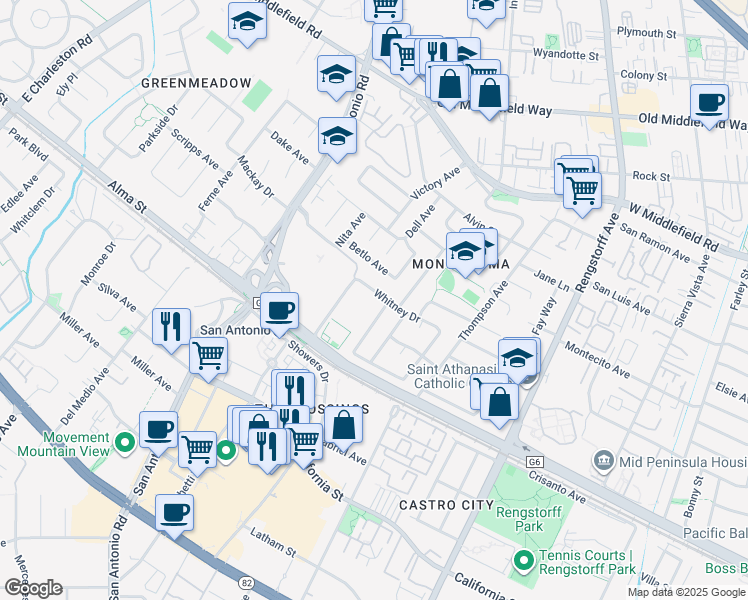 map of restaurants, bars, coffee shops, grocery stores, and more near 2483 Whitney Drive in Mountain View