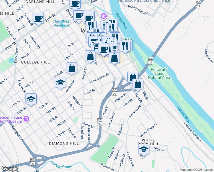 map of restaurants, bars, coffee shops, grocery stores, and more near 416 Pearl Street in Lynchburg