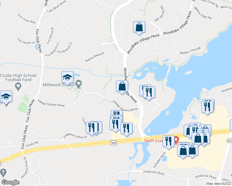map of restaurants, bars, coffee shops, grocery stores, and more near 6517 Woodlake Village Court in Midlothian