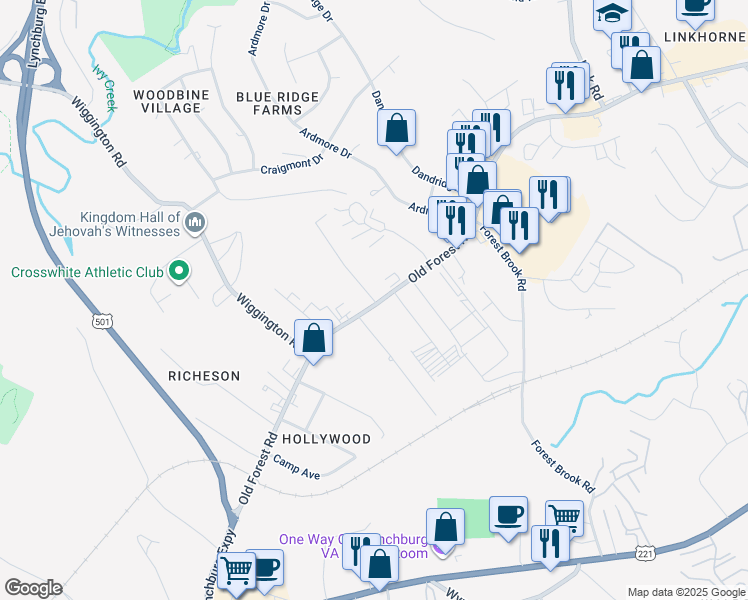 map of restaurants, bars, coffee shops, grocery stores, and more near 3600 Old Forest Road in Lynchburg